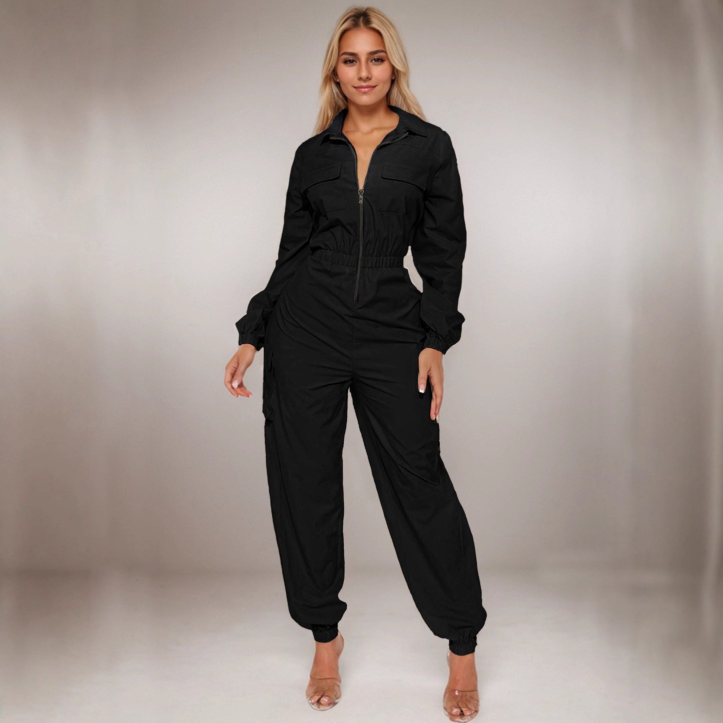 Women's Fashion Out Coveralls Flip Pocket Elastic Jumpsuits