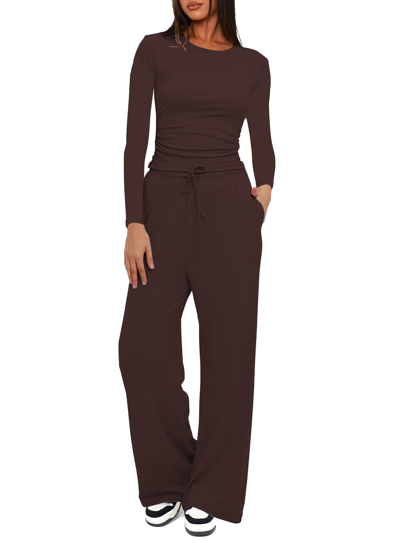 Women's Color Pleated High Waist Wide Leg Fashion Casual Suit
