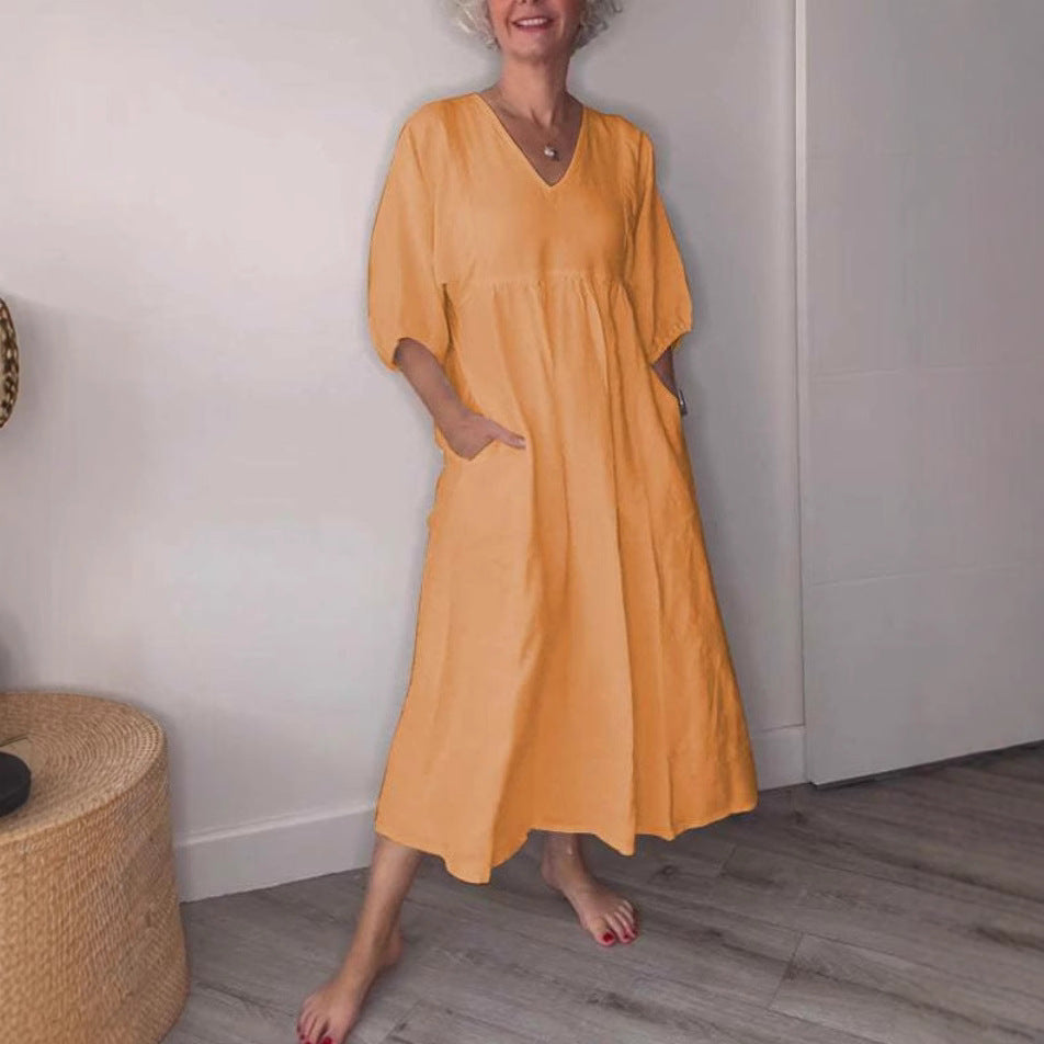 Women's Autumn Cotton Linen Deep Pleated Solid Color Casual Dress