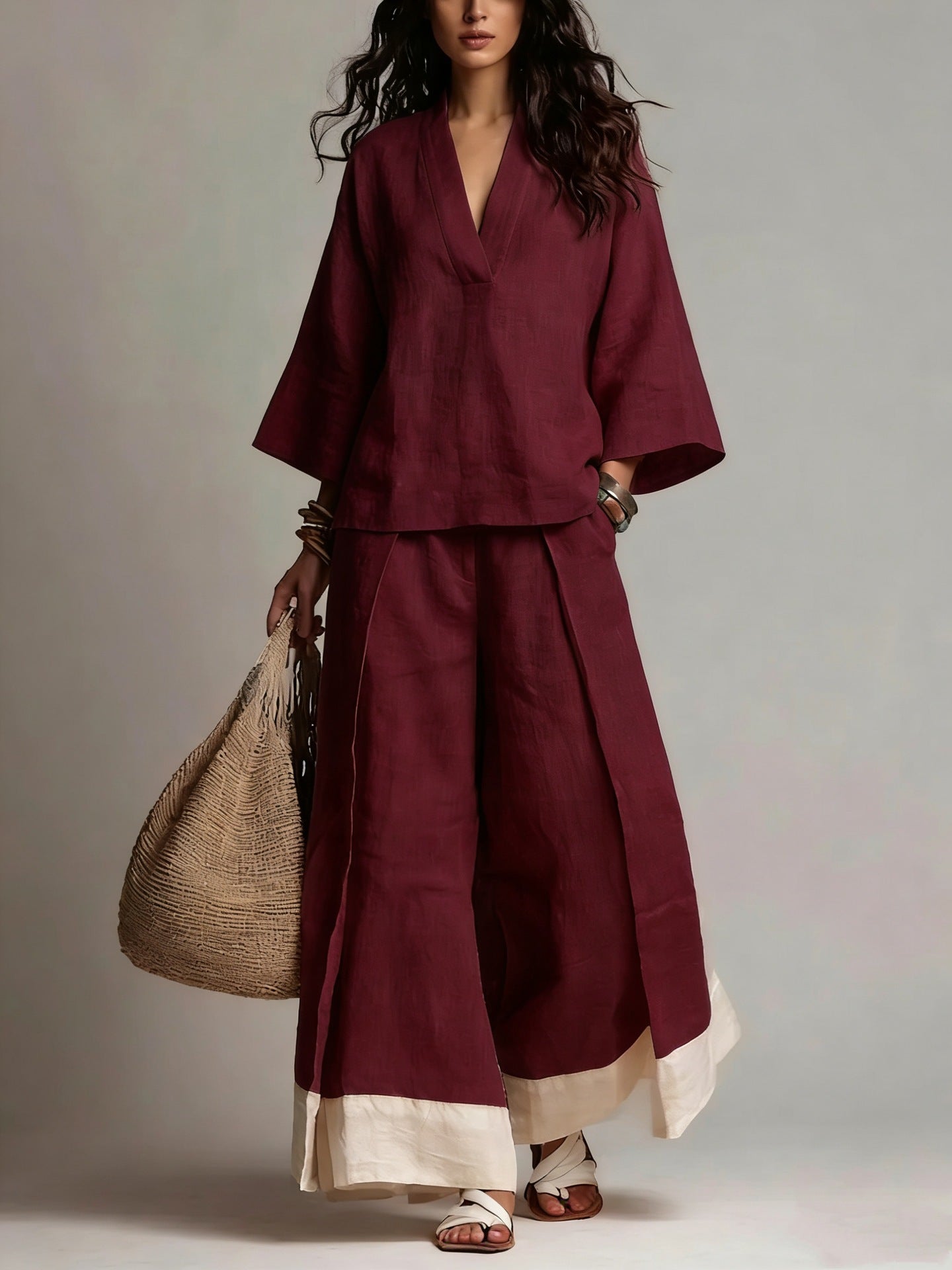 Women's Cotton Linen French Collar Sleeve Shirt Contrast Fashion Casual Suit