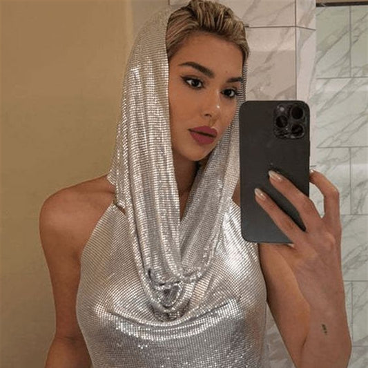 Women's Nightclub Back Slit Metal Sequins Scarf Tops