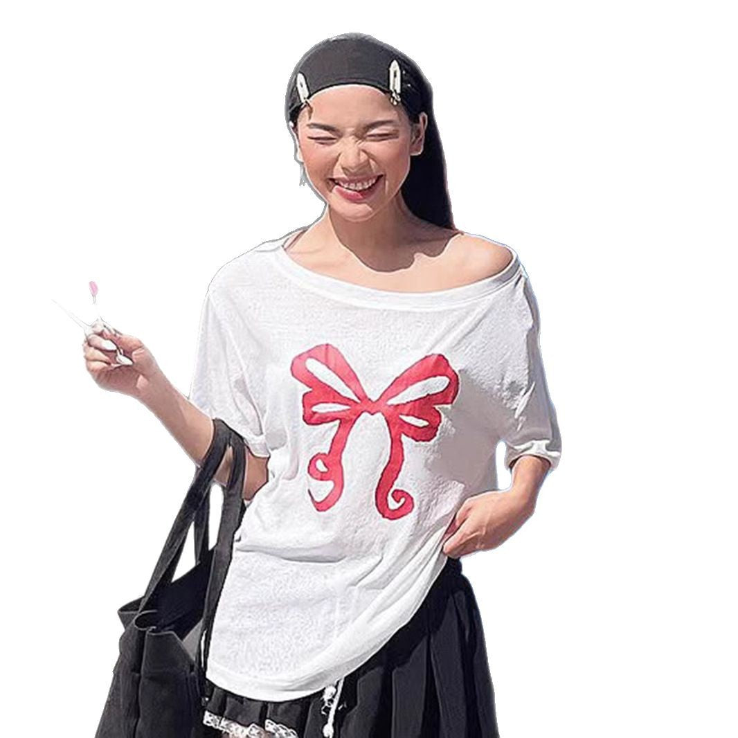 Women's Bow Print Diagonal Collar Sleeve For Sweet Cool Blouses