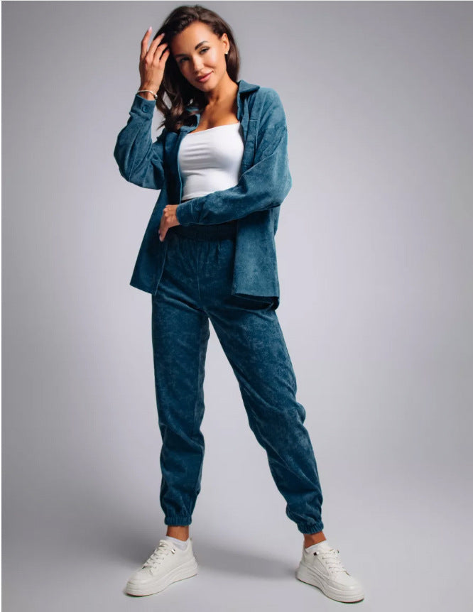 Women's Retro Lapel Shirt Outfit Loose Corduroy Trousers Fashion Casual Suit