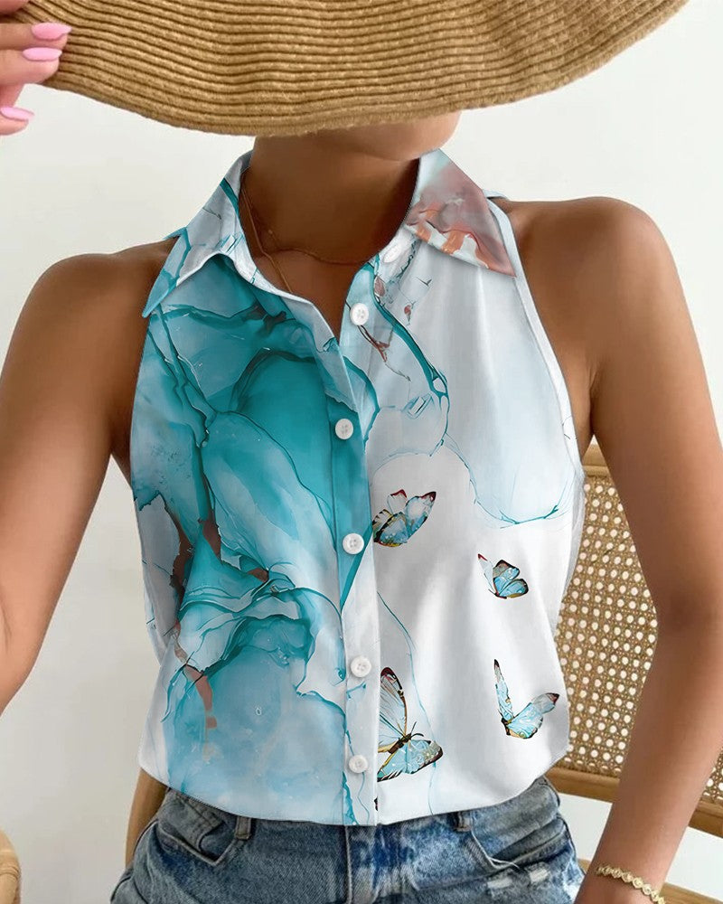 Women's Summer Casual Fashion Sleeveless Printed Shirt Blouses