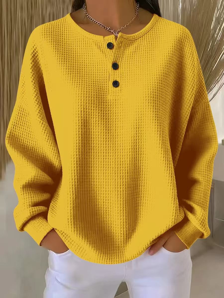 Round Neck Waffle Solid Color Pullover Women's Sweater