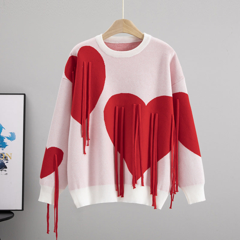 Women's Soft Round Neck Tassel Love Loose Lazy Sweater