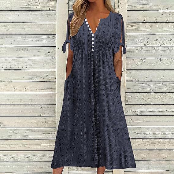 Women's Single Breasted Cuff Knotted Sleeve Eyelet Dresses