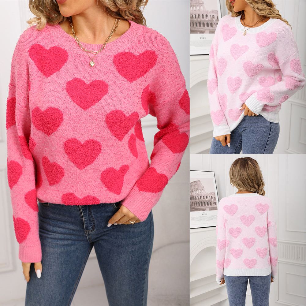 Women's Valentine's Day Round Neck Loose Pullover Love Jacquard Sweater