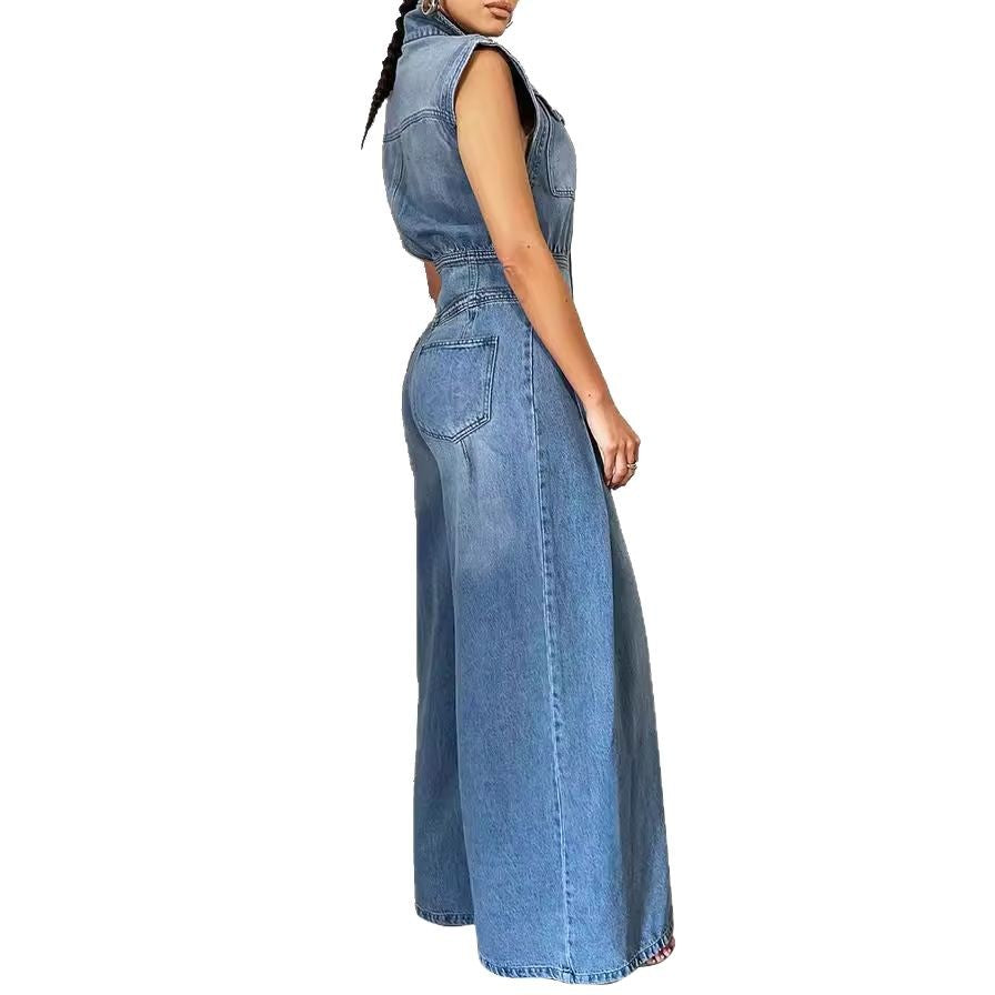 Women's Leisure Washed-out Sleeveless Denim One-piece Pants