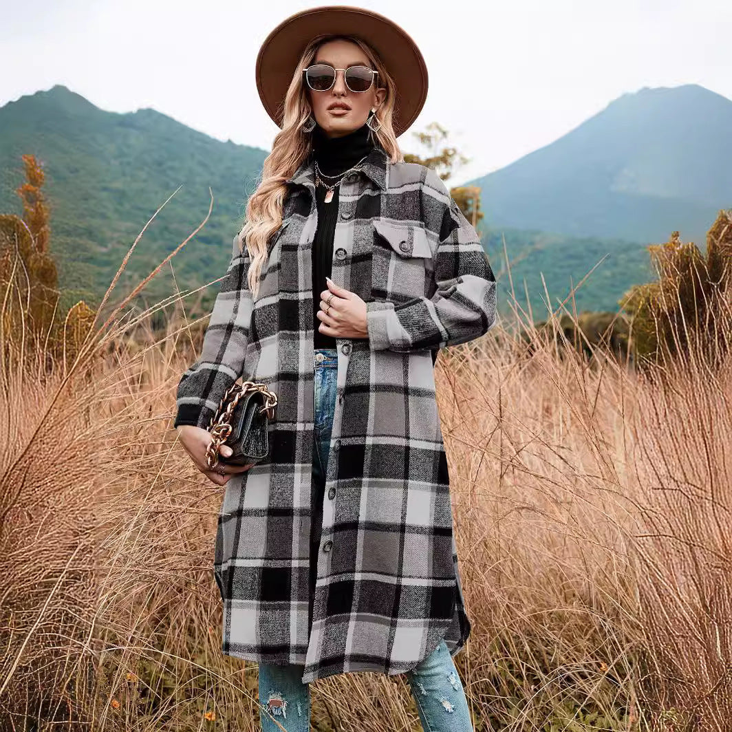 Women's Elegant Long Trench Lapel Pocket Plaid Coats