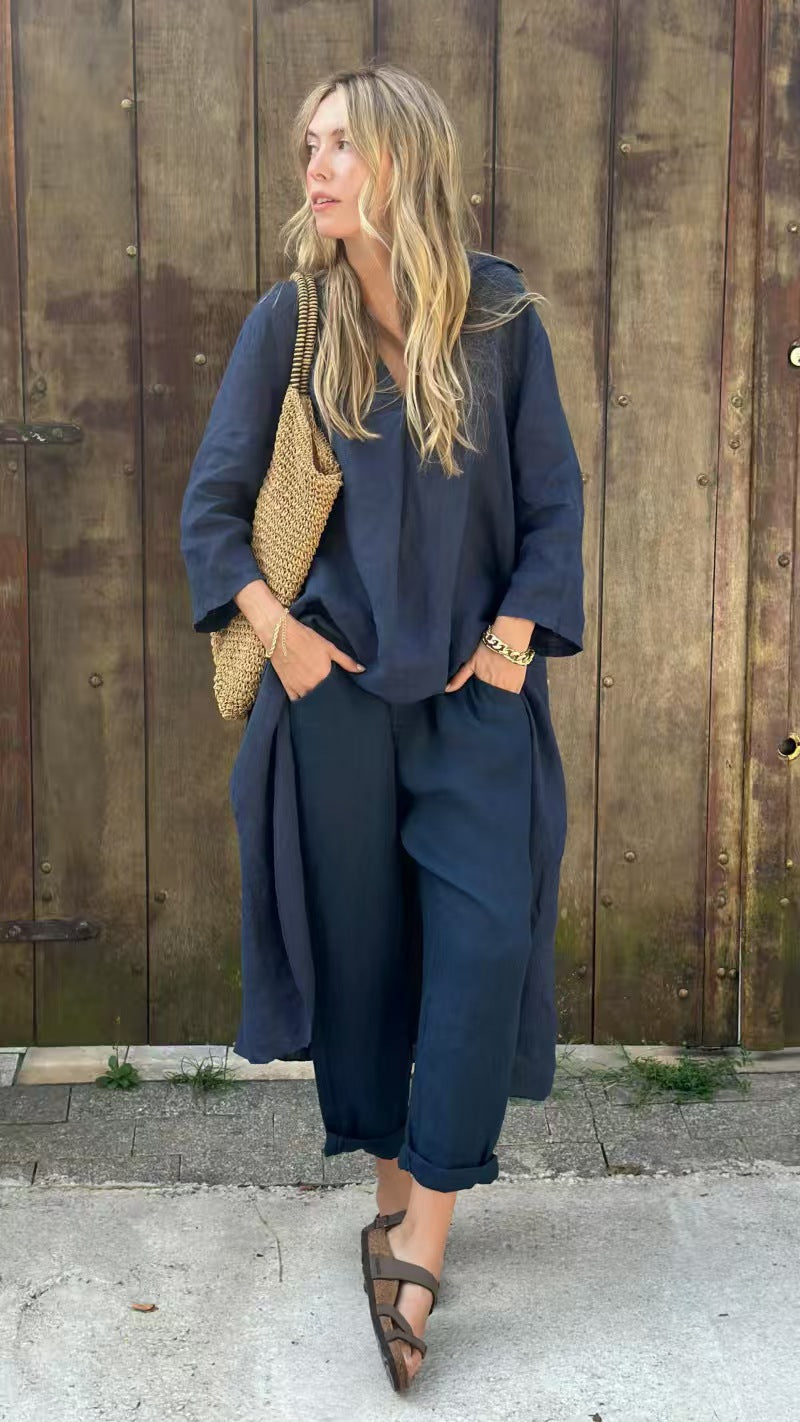 Women's Summer Pocket Set Solid Color Loose Suits