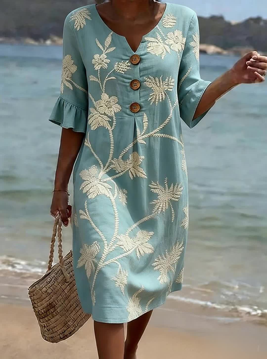 Women's Fashion Wear Buttons Floral Print Casual Cotton Dress