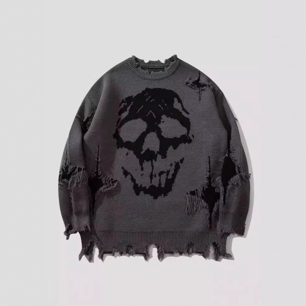 Women's & Men's & Hip Hop Dark Street Skull Jacquard Ripped Sweaters