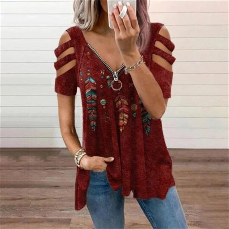 Women's Collar Zipper Pullover Sleeve Loose T-shirt Blouses