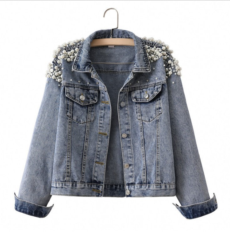 Women's Beaded Casual Pearl Loose Slimming Denim Jackets