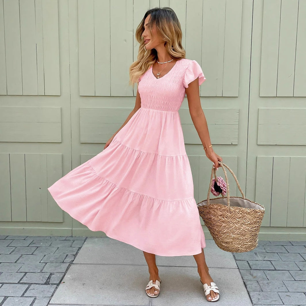 Women's Engagement Chest Gathered Ruffled Sleeves Layered Hem Pink Skirts