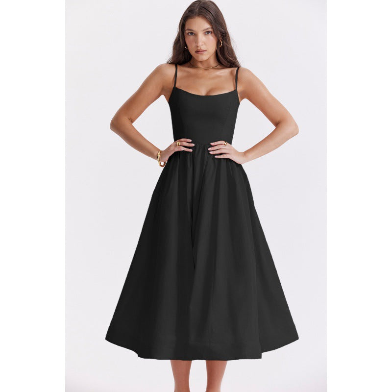 Women's Color Sexy Backless Spaghetti Straps Large Dress