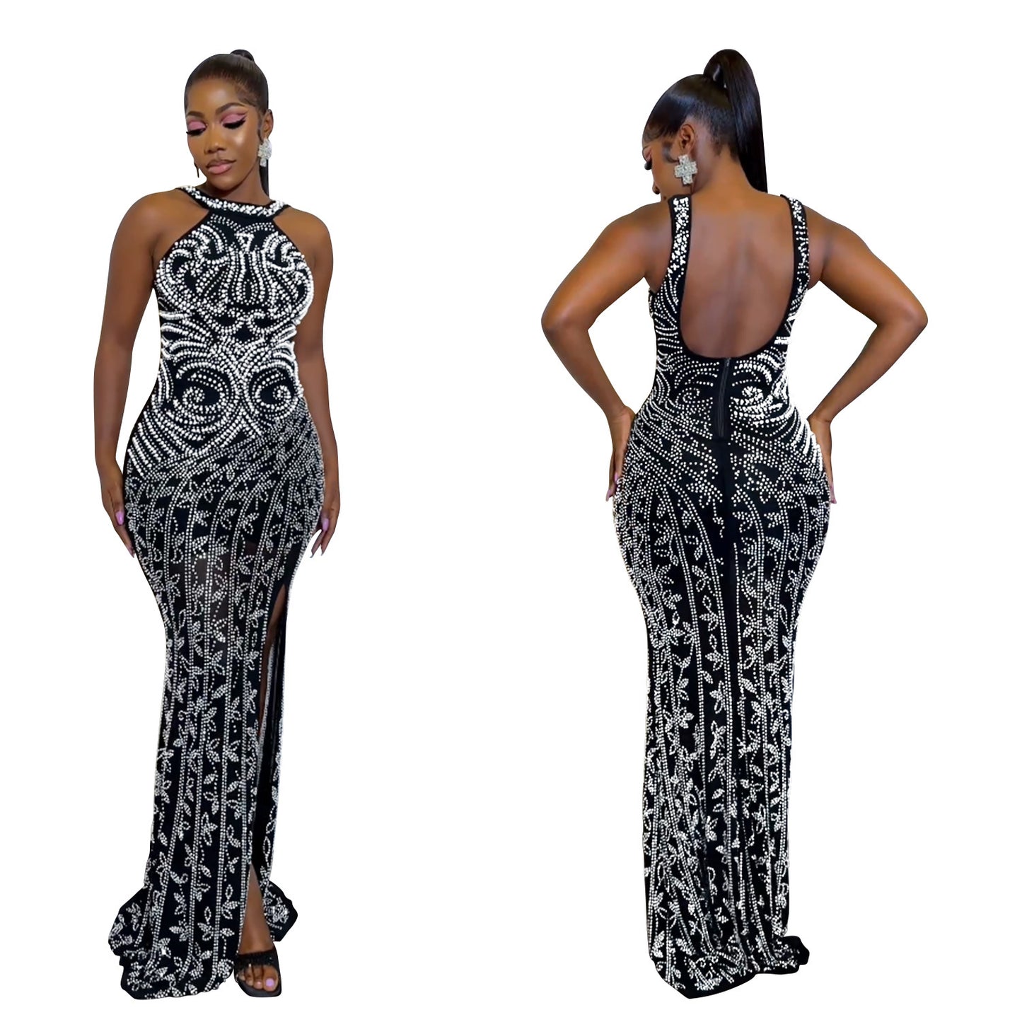 Women's Wear Solid Color Hot Drilling Split Backless Dresses