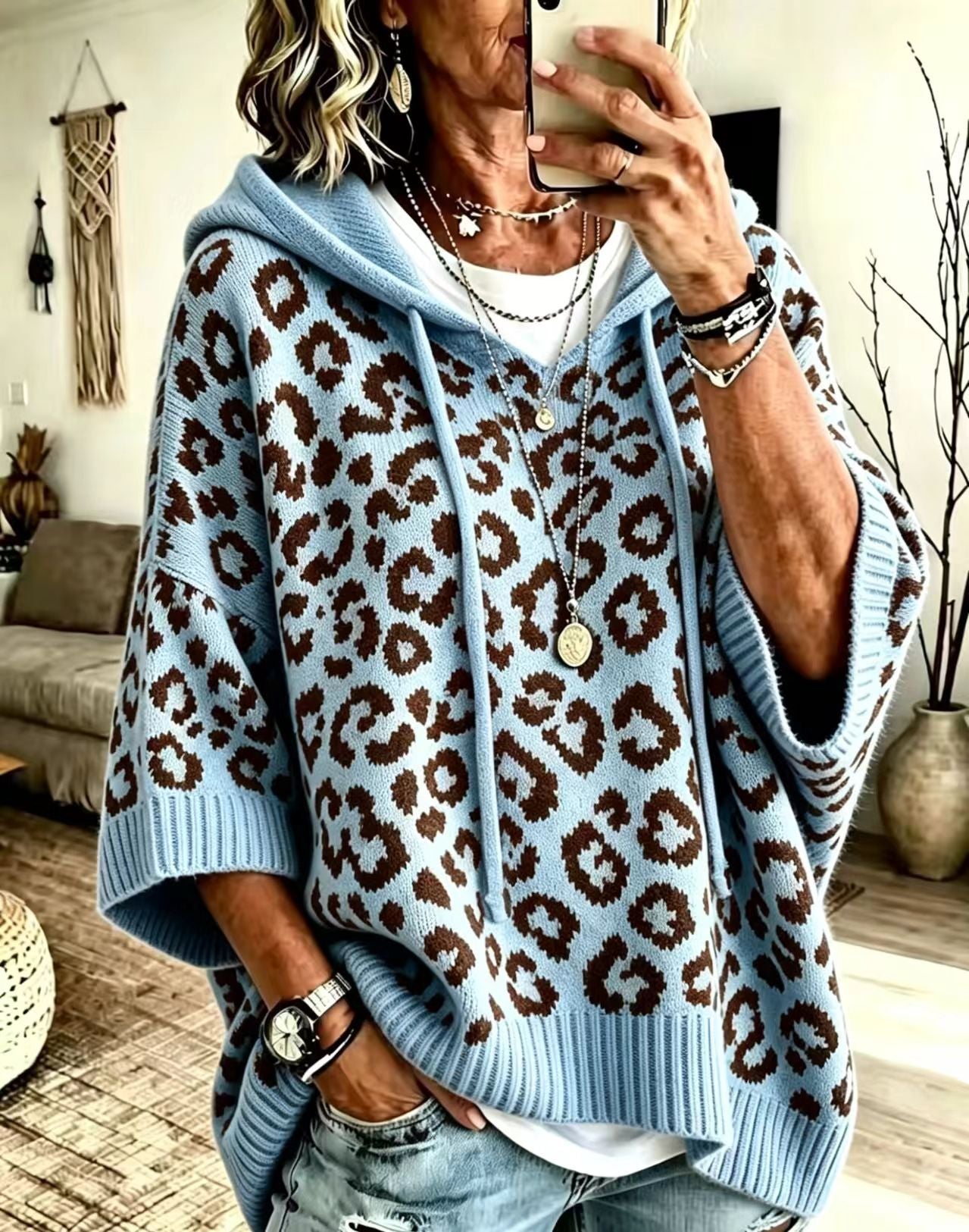 Leopard Print Hooded Drawstring Knitted Pullover Hoodie Sweater