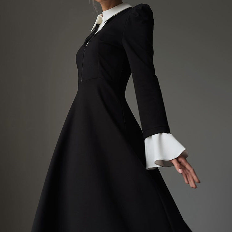 Women's Black White Stitching Fake Two-piece Dress Elegant Dresses