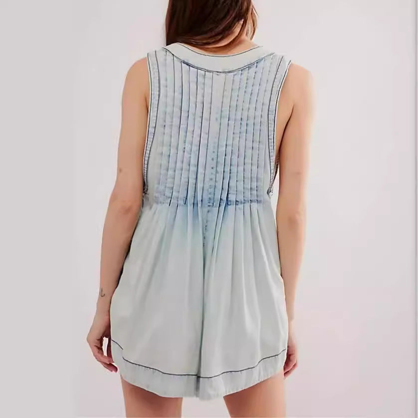 Durable Beautiful Sleeveless Denim Pleated One-piece Jumpsuits
