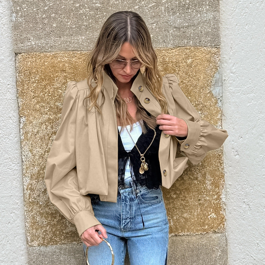 Women's Fashionable High-grade Casual Khaki Stand-up Collar Coats