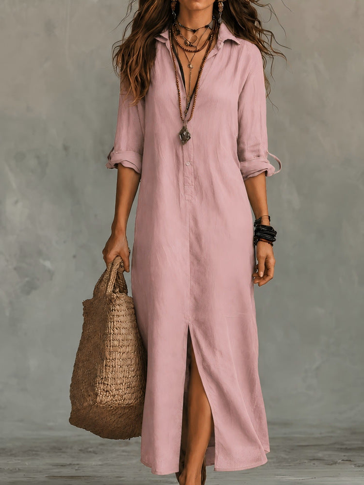 Loose Solid Color Polo Collar Front Rear Dress