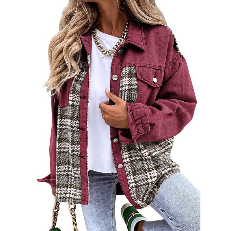 Denim Long Sleeve Plaid Button-down Shirt Jackets