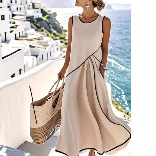 Women's Summer Mediterranean Vacation Style Contrast Color Binding Dress