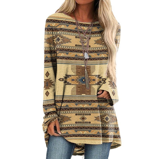 Women's Digital Printing Round Neck Long Sleeve Blouses