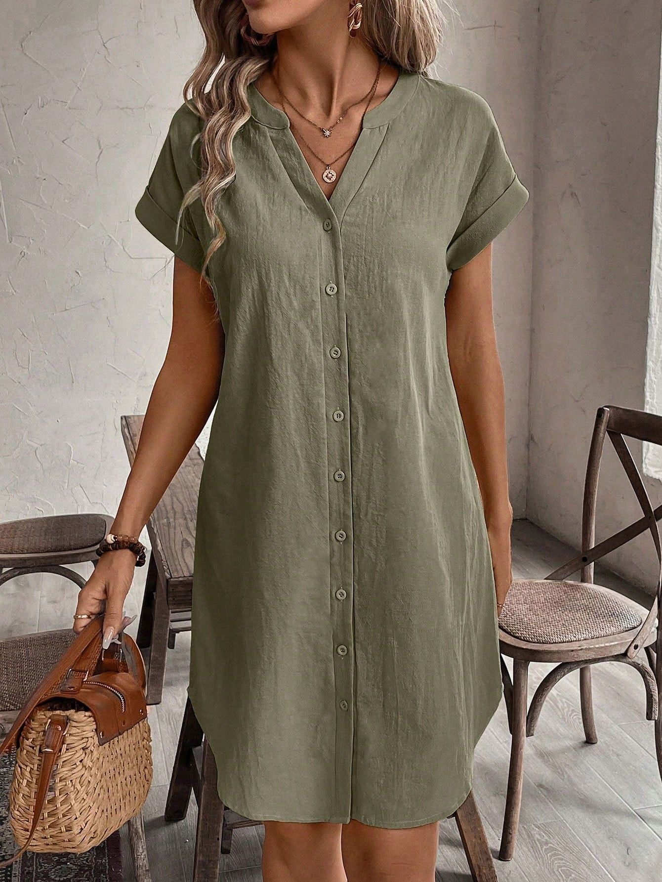 Women's Solid Color Short-sleeved Single-breasted Casual Seaside Dress