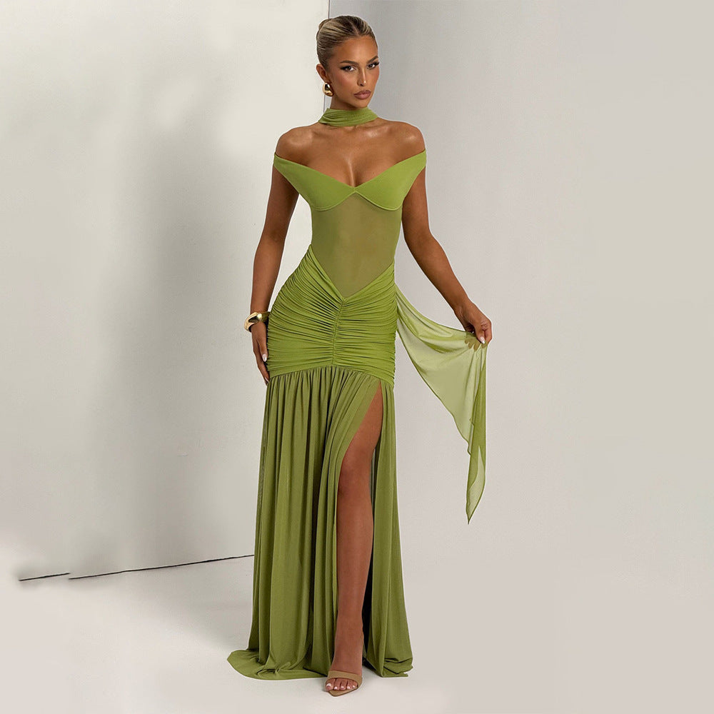 Women's Solid Color Sexy Mesh Stitching Pleated High Slit Dress