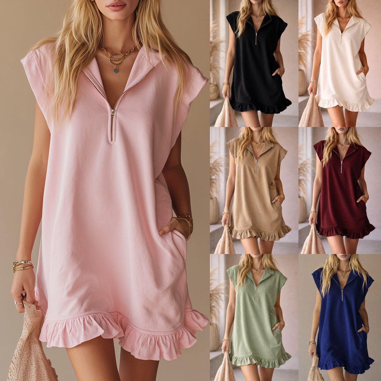 Women's Sleeveless Double Pocket Zipper Flounce A- Line Dress