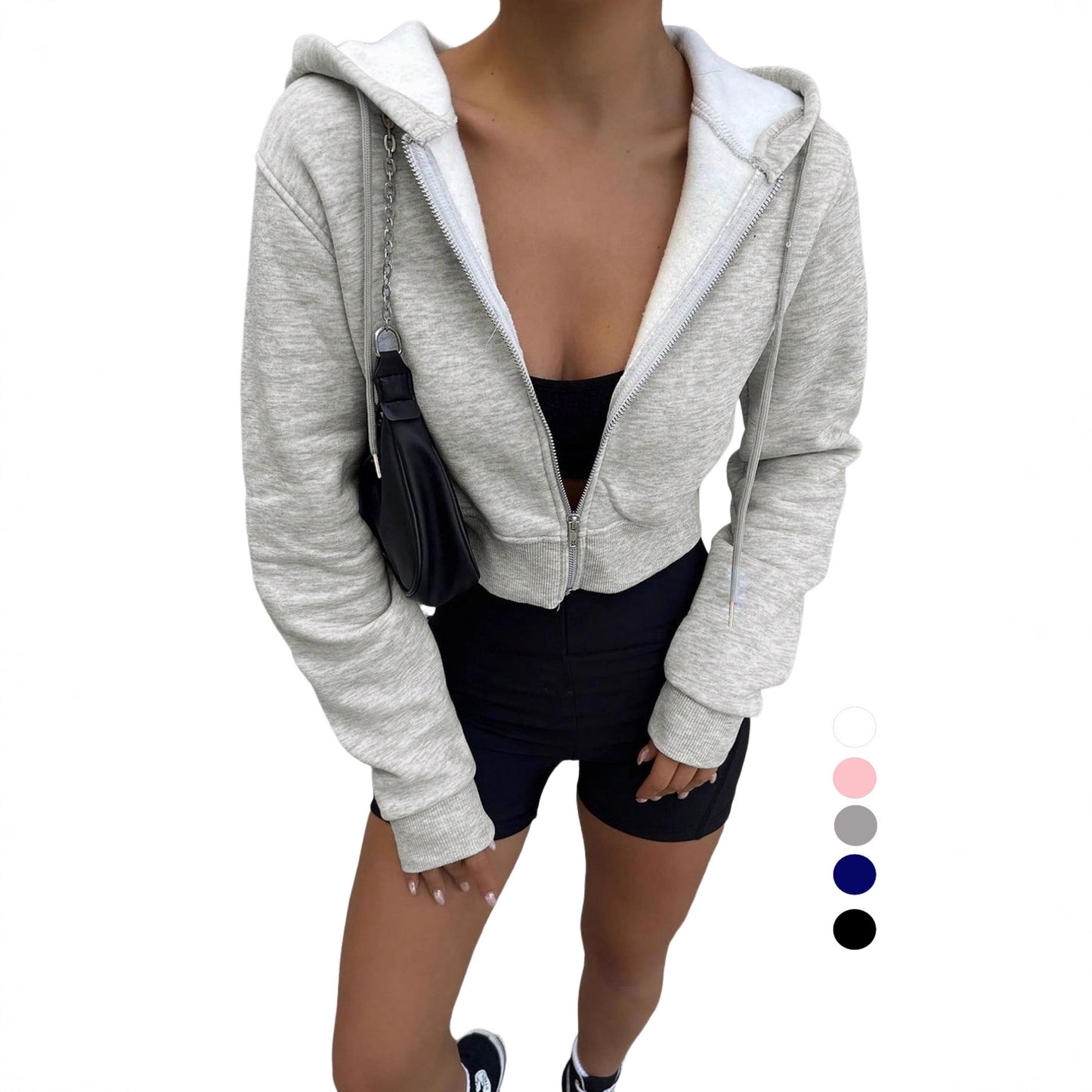 Sleeve Hooded Zip Sexy Veet Solid Color Sports Women's Sweater, Sweater