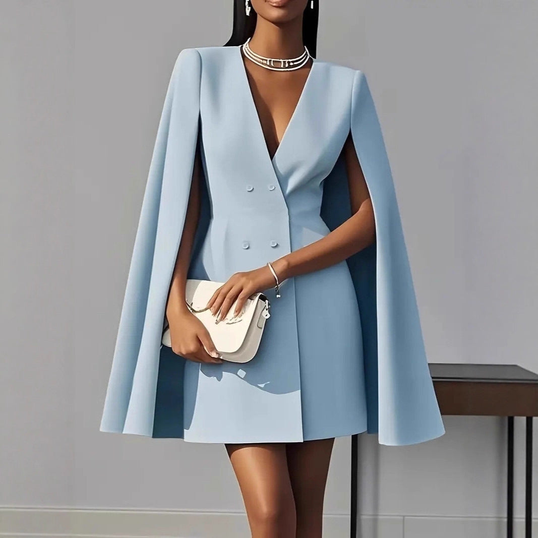 Women's Autumn Commuter Double Breasted Shawl Cape Solid Dress