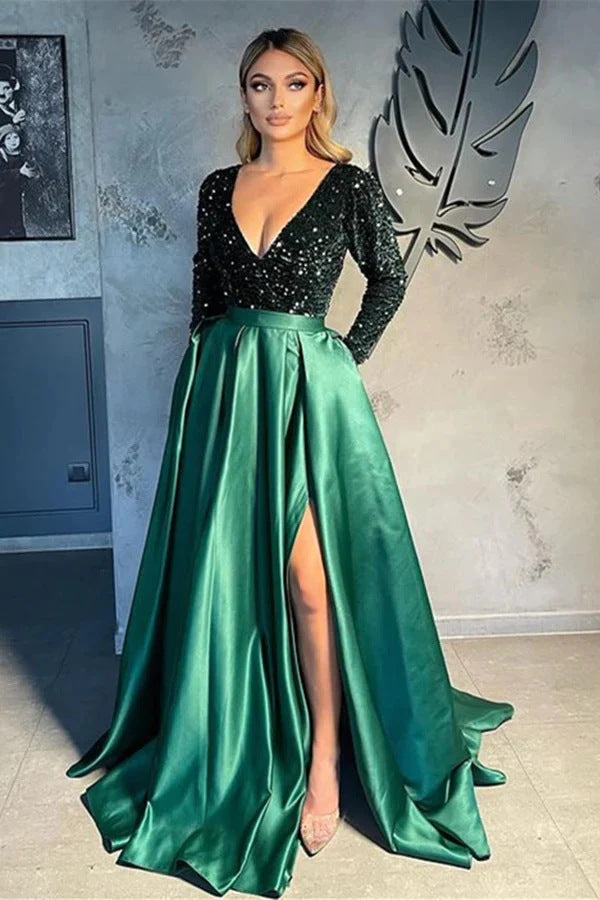 Long Sleeve Sequin Swing Sequined Split Dresses