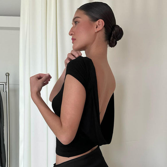 Women's Summer Solid Color Round Neck Backless Blouses
