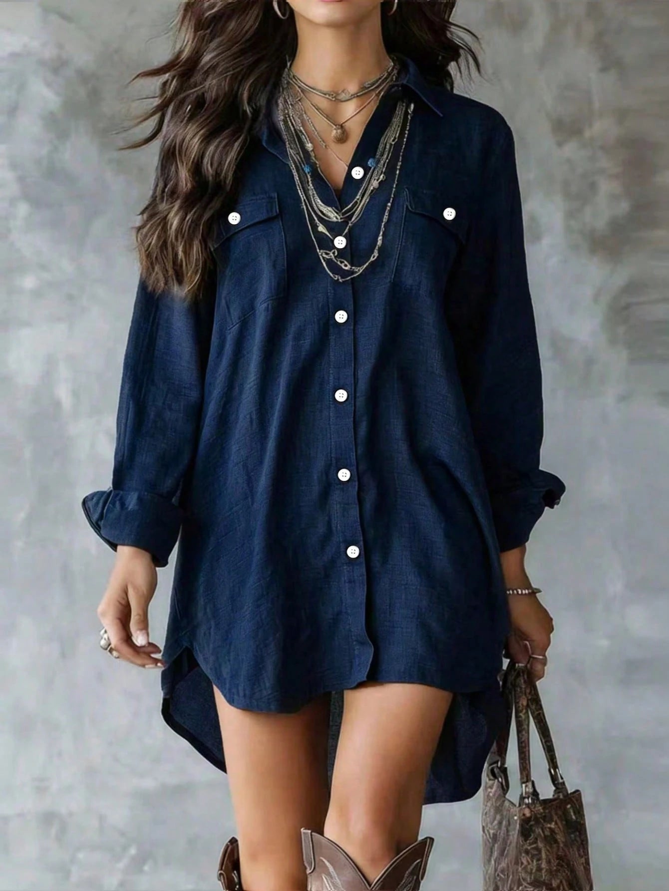 Cotton Linen Long Sleeve Button Shirt Slimming Slit Casual Dress