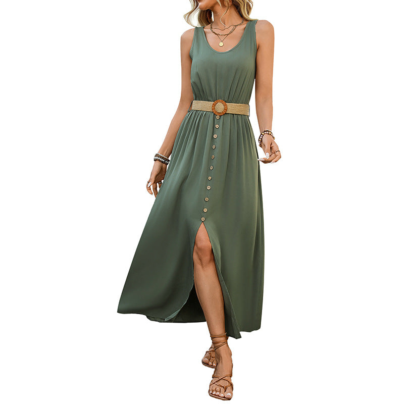 Summer Mid-length Dress Split Solid Color Dresses
