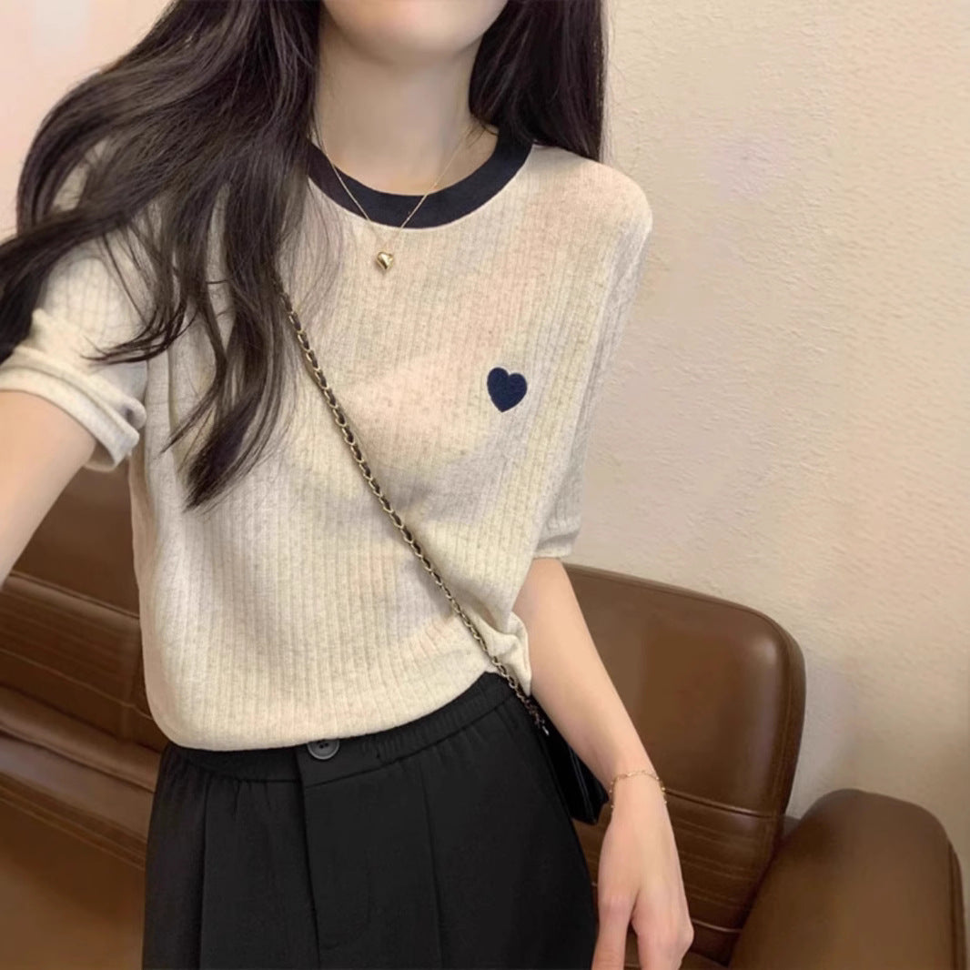 Women's Summer French Style Loose Contrast Color Love Embroidered Knitwear