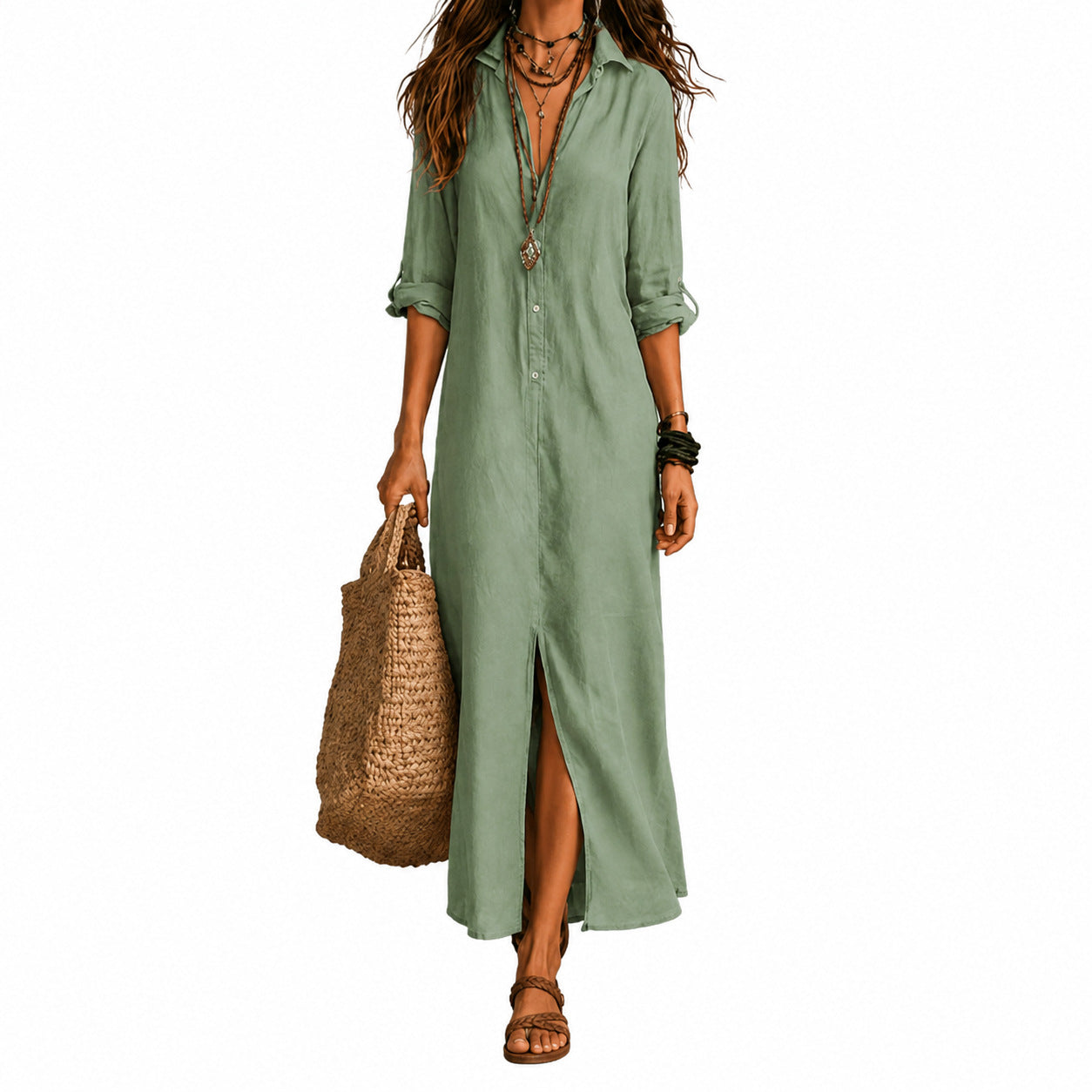 Loose Solid Color Polo Collar Front Rear Dress
