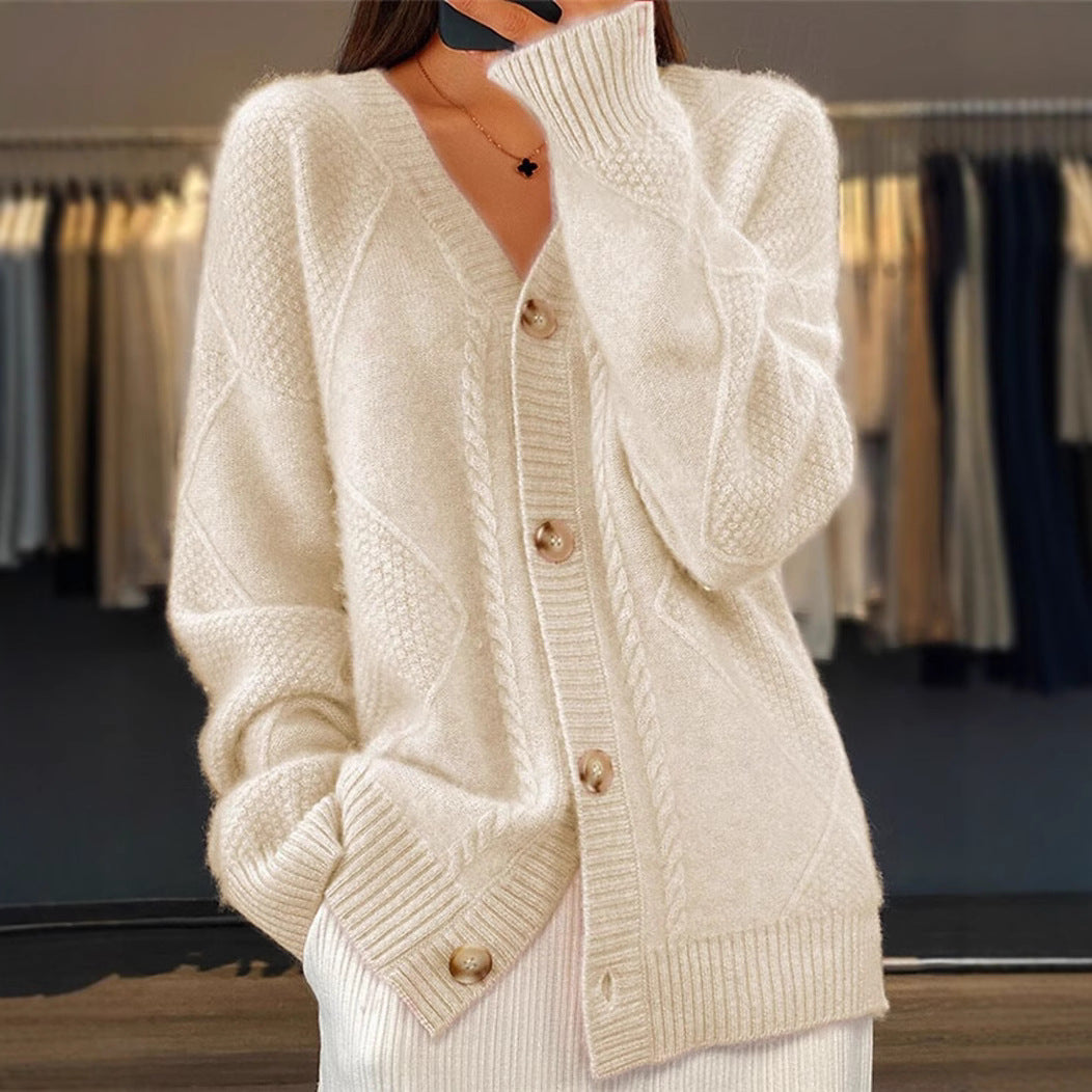 Women's Solid Color Long Sleeve Knitted Breasted Jacquard Sweater