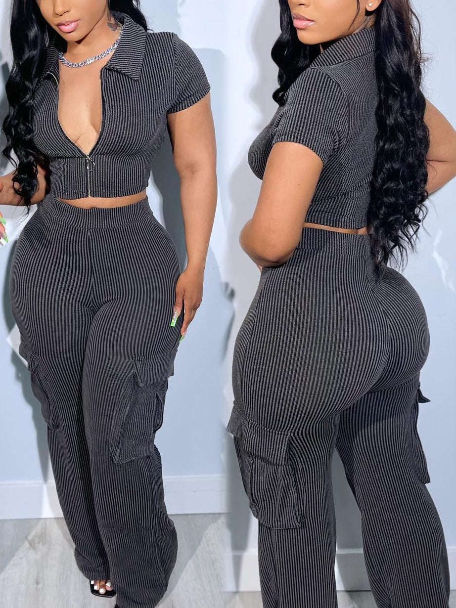 Zipper Trousers Casual Solid Color Two-piece Suits