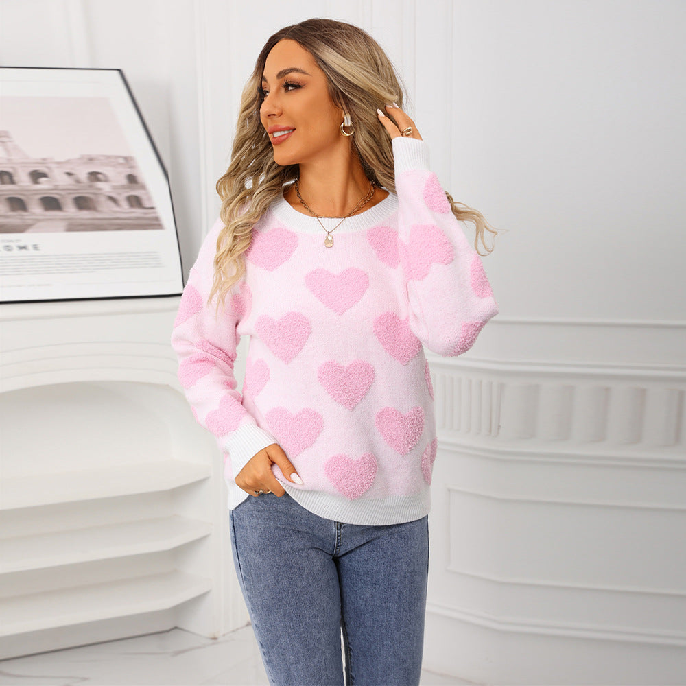 Women's Valentine's Day Round Neck Loose Pullover Love Jacquard Sweater