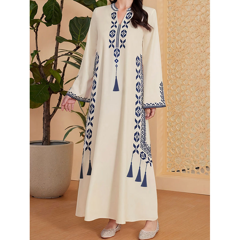 Women's Ethnic Embroidered Robe Loose-fitting Long Sleeves A- Line Dress