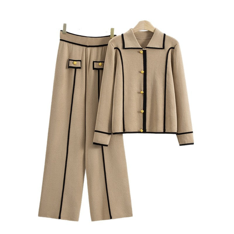 Women's Knitting Neck Pullover Wide Leg Trousers Suits