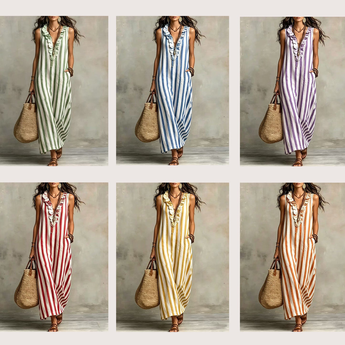 Summer Bohemian Style Vertical Stripes Ruffled Dress