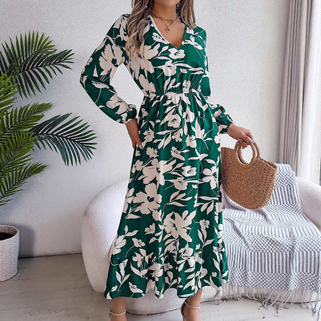 Women's Casual Flower Long Sleeves Ruffles Dress