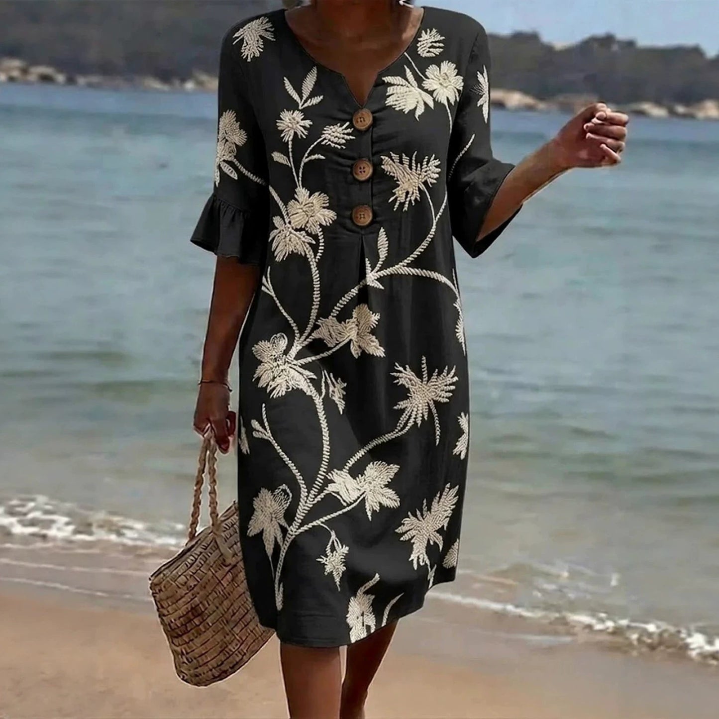 Women's Fashion Wear Buttons Floral Print Casual Cotton Dress