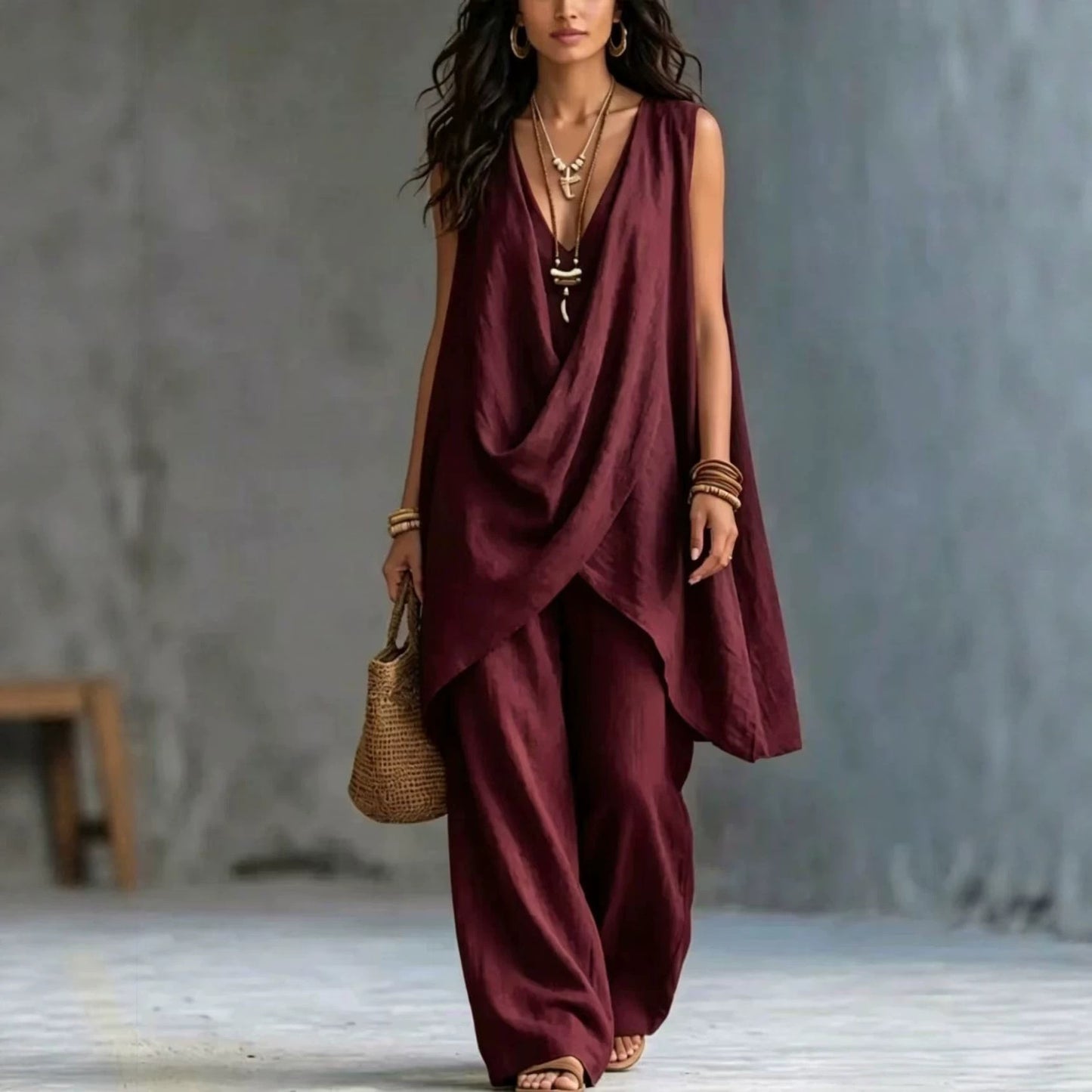 Women's Sleeveless Stand Collar Solid Color Loose Temperament Cotton Fashion Casual Suit